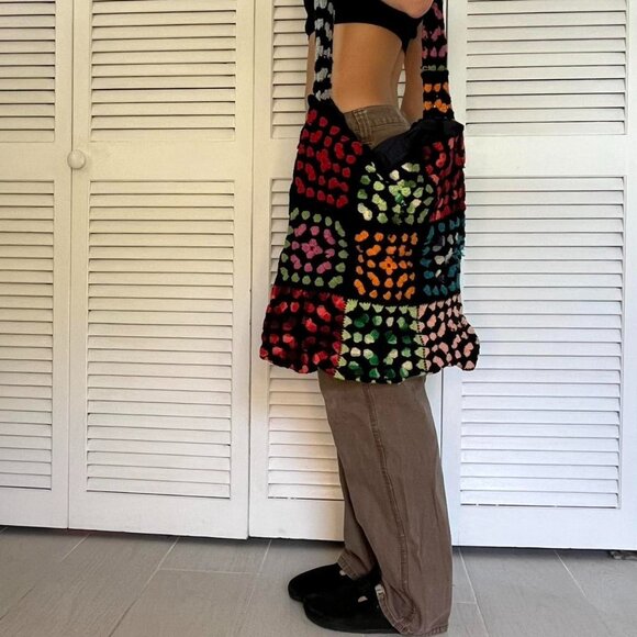 handmade rainbow grandma square crochet tote - Picture 3 of 6